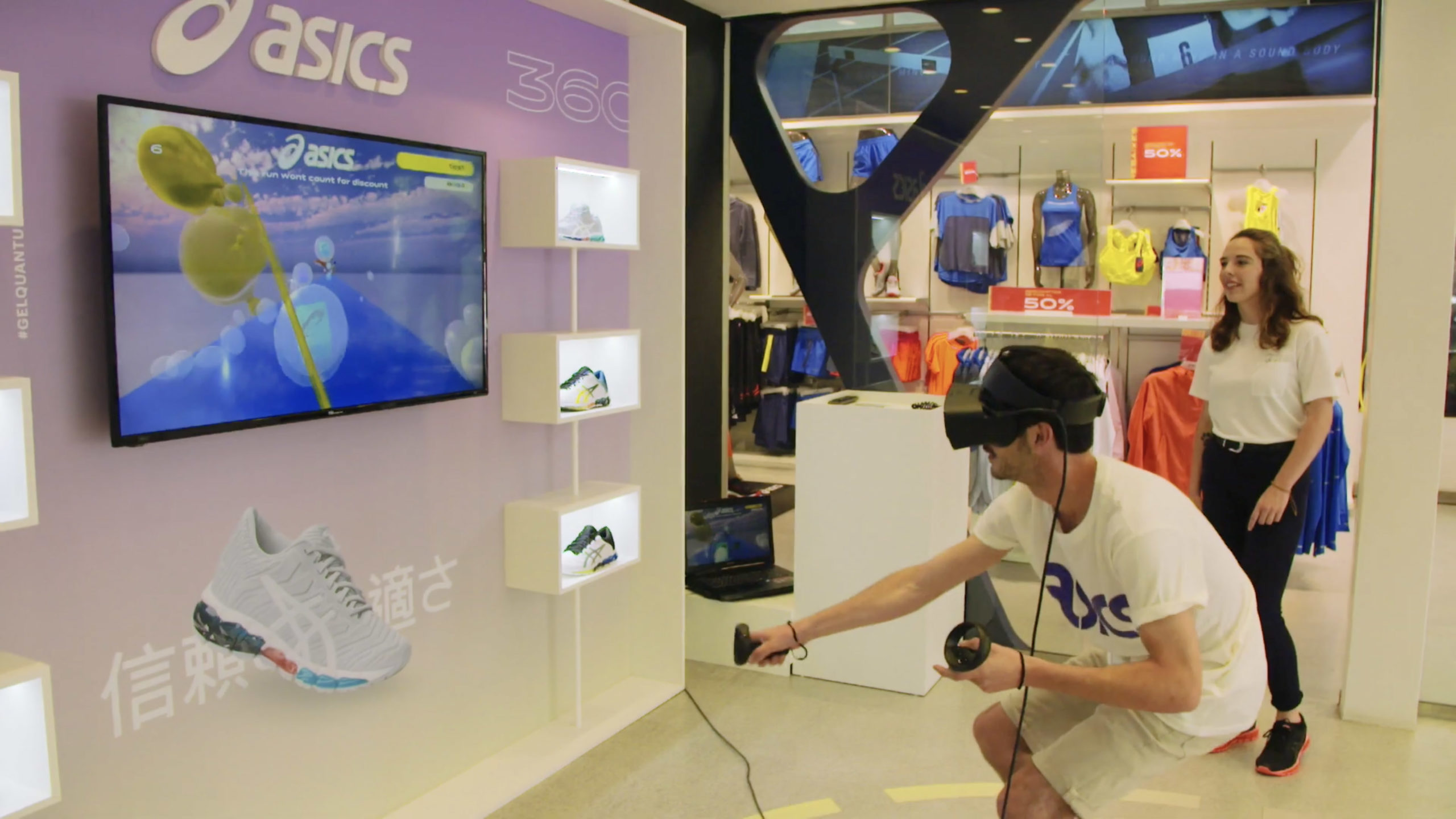 A client playing a VR game in front of a shelf with Asics shoes
